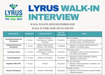 Lyrus Life Sciences Pvt Ltd – Walk-In Interview for Multiple Departments on 20 December 2025