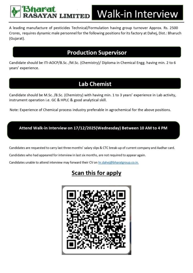 Bharat Rasayan Limited – Walk-In Interview For Production Supervisor & Lab Chemist on 17 December 2025