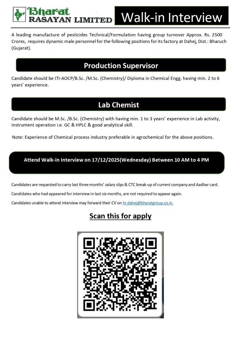 Bharat Rasayan Limited – Walk-In Interview For Production Supervisor & Lab Chemist on 17 December 2025