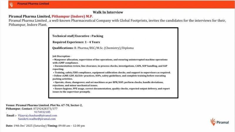 Piramal Pharma Limited – Walk-In Interview For Packing Department on 19 December 2025