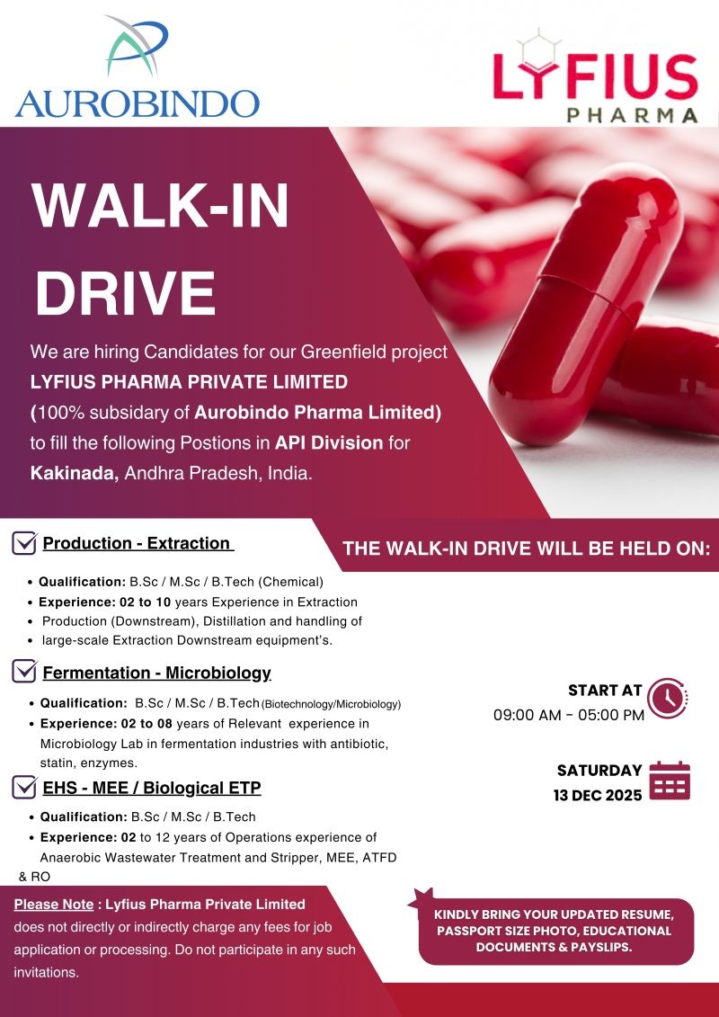 LYFIUS PHARMA PRIVATE LIMITED – Walk-In Drive for API Division on 13th December 2025