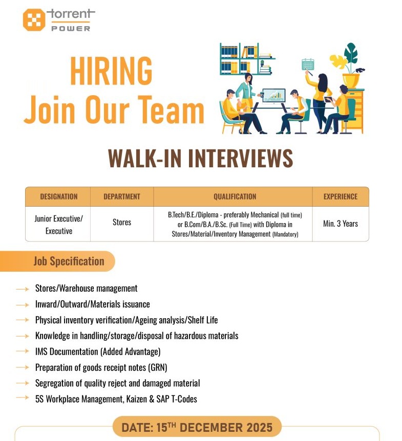Torrent Power Walk-In Interview for Stores Department – Junior Executive / Executive | 15 December 2025