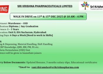 Sri Krishna Pharmaceuticals Limited – Walk-In Interview for Warehouse (OSD) Department on 13 & 15 December 2025