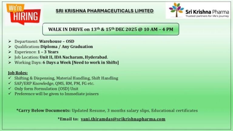 Sri Krishna Pharmaceuticals Limited – Walk-In Interview for Warehouse (OSD) Department on 13 & 15 December 2025