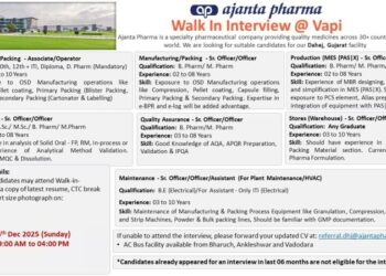 Ajanta Pharma – Walk-In Interview For Multiple Departments on 14 December 2025
