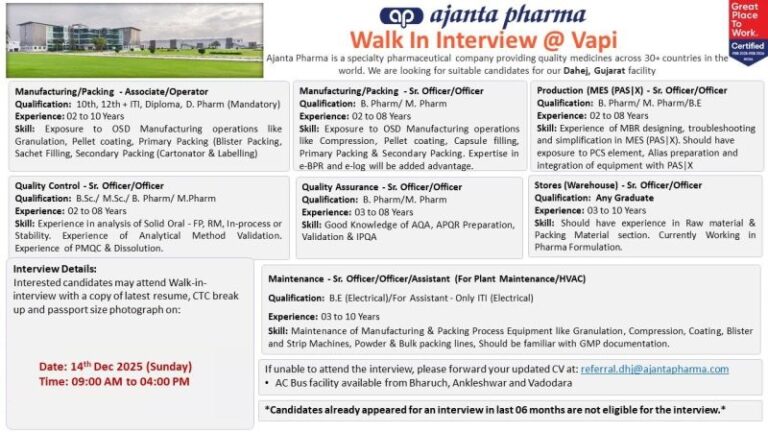 Ajanta Pharma – Walk-In Interview For Multiple Departments on 14 December 2025