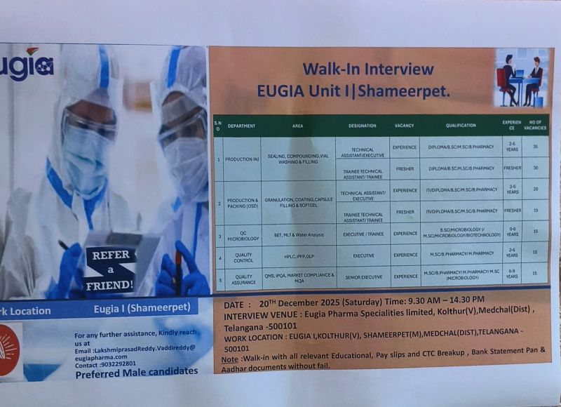 Eugia Pharma Specialities Limited – Walk-In Interview For Multiple Departments on 20 December 2025