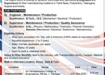 MRF Limited – Walk-In Interview For Engineers & Supervisors on 20 December 2025