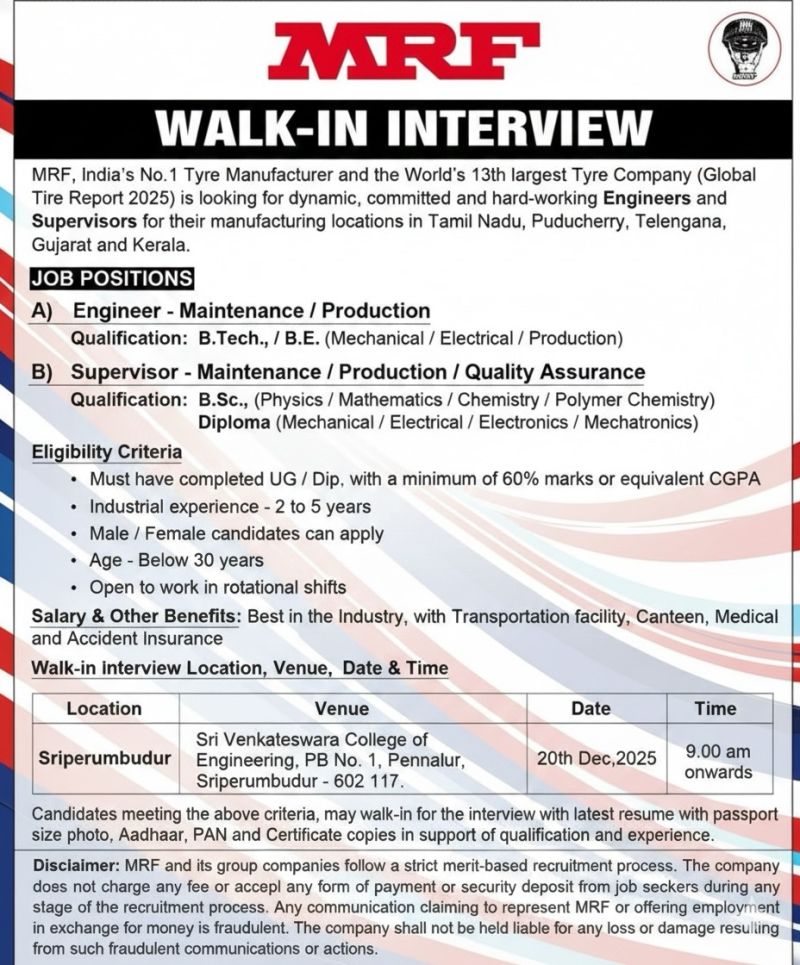 MRF Limited – Walk-In Interview For Engineers & Supervisors on 20 December 2025