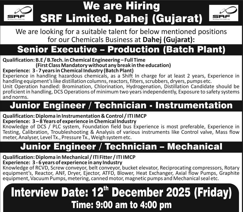 SRF Limited – Walk-In Interview For Production, Instrumentation & Mechanical on 12 December 2025
