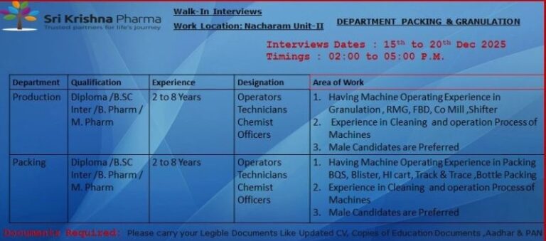 Sri Krishna Pharmaceuticals Ltd – Walk-In Interview For Production & Packing / MABS Manufacturing on 15 to 20 December 2025