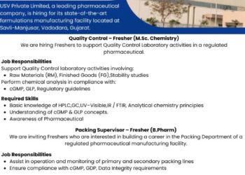 USV Private Limited – Walk-In Interview For Quality Control & Packing Department on 16 December 2025