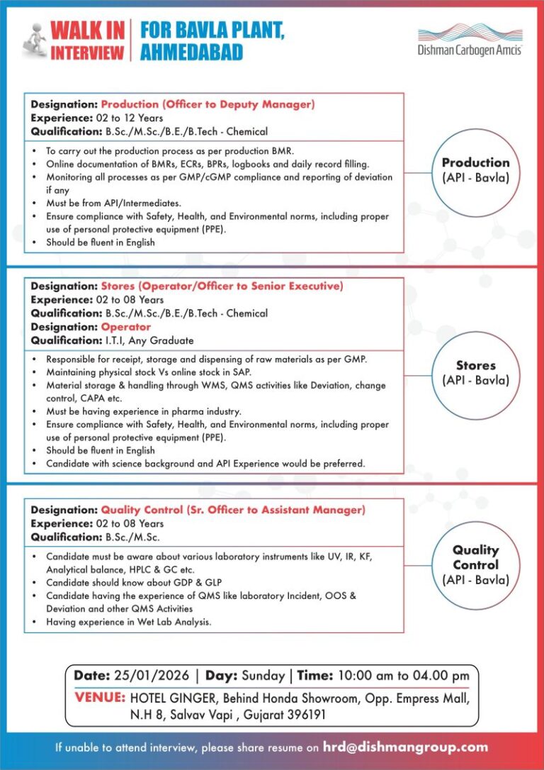 Dishman Carbogen Amcis – Walk-In Interview For Multiple Departments on 25 January 2026