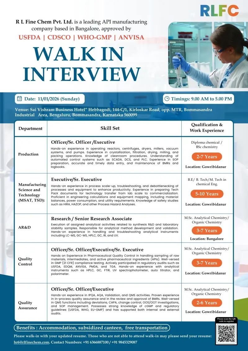 R L Fine Chem Pvt. Ltd – Walk-In Interview For Multiple Departments on 11 January 2026