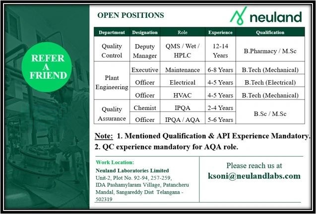 Neuland Laboratories Limited – Hiring For Quality Control, Quality Assurance & Engineering Roles | Apply Now