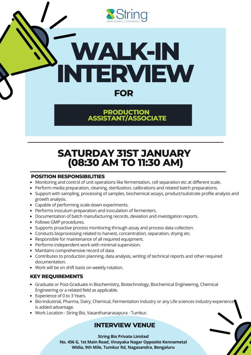 String Bio Private Limited – Walk-In Interview For Production & Research Roles on 31 January 2026
