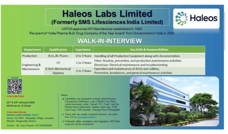 Haleos Labs Limited – Walk-In Interview For Production & Engineering Departments on 23 & 24 January 2026