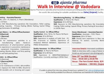 Ajanta Pharma Limited – Walk-In Interview For Multiple Departments on 25 January 2026