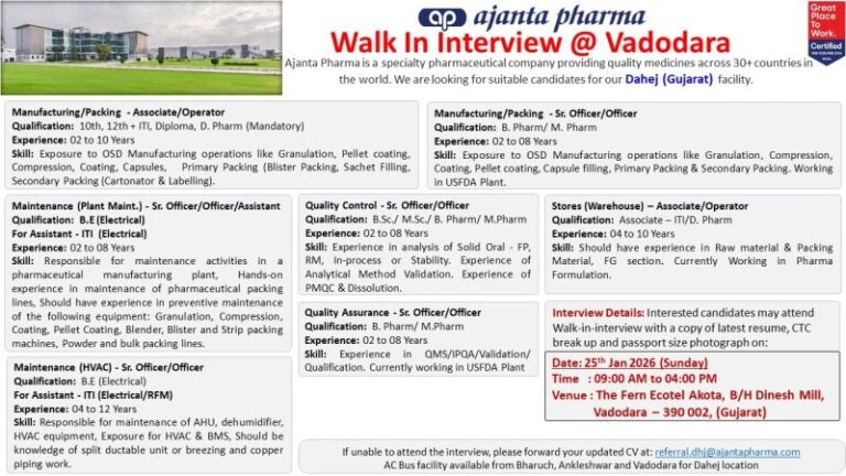Ajanta Pharma Limited – Walk-In Interview For Multiple Departments on 25 January 2026