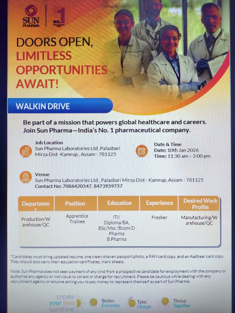 Sun Pharmaceutical Industries Ltd – Walk-In Interview For Apprentice Trainee on 10 January 2026