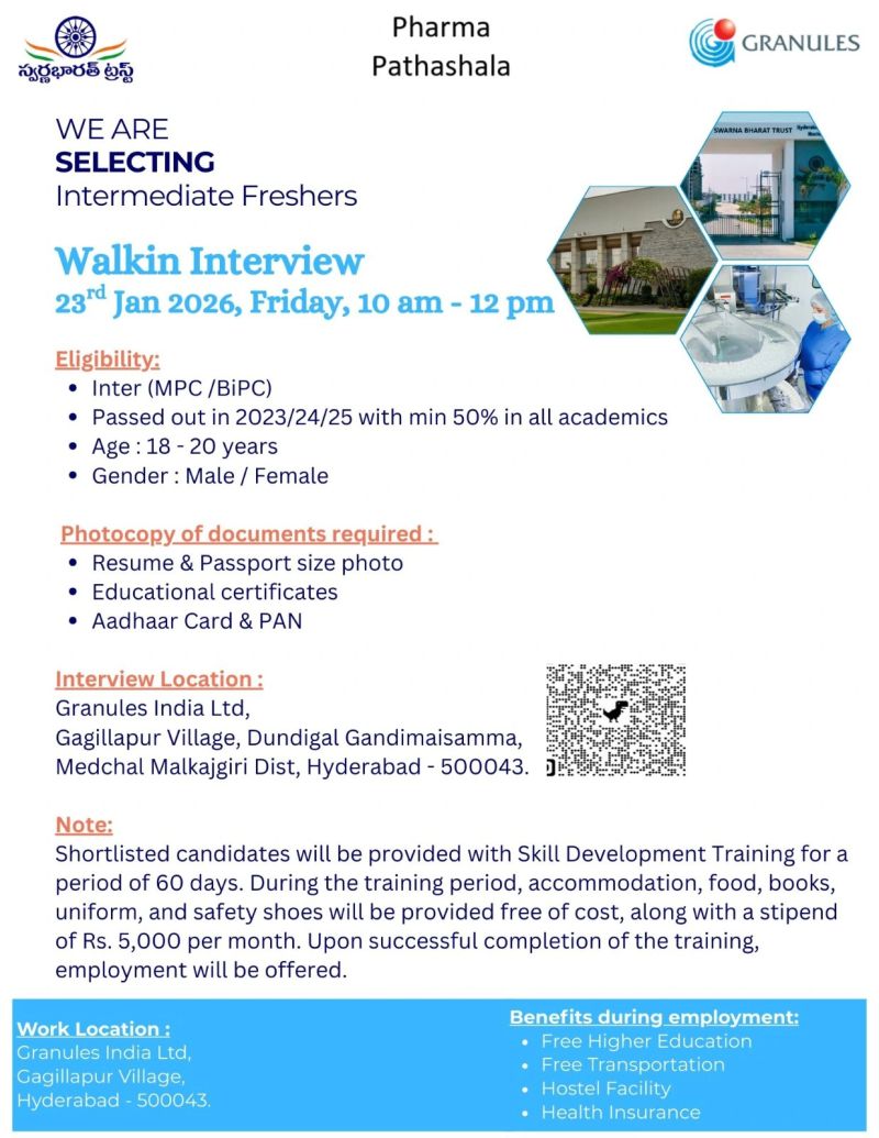 Granules India Ltd – Walk-In Interview For Intermediate Freshers on 23 January 2026