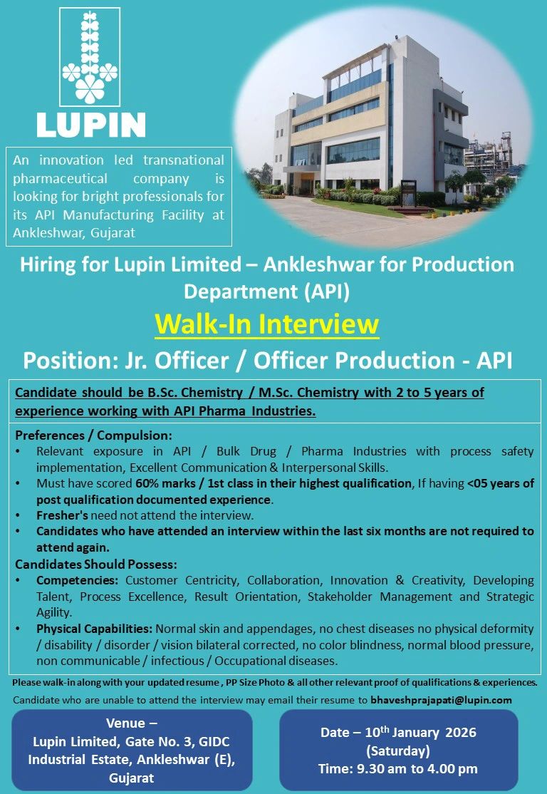 Lupin Limited – Walk-In Interview For Production Department (API) on 10 January 2026