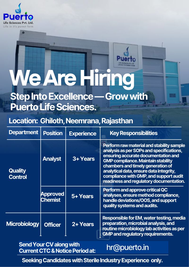 Puerto Life Sciences Pvt. Ltd – Hiring for Quality Control & Microbiology Roles | Apply Now