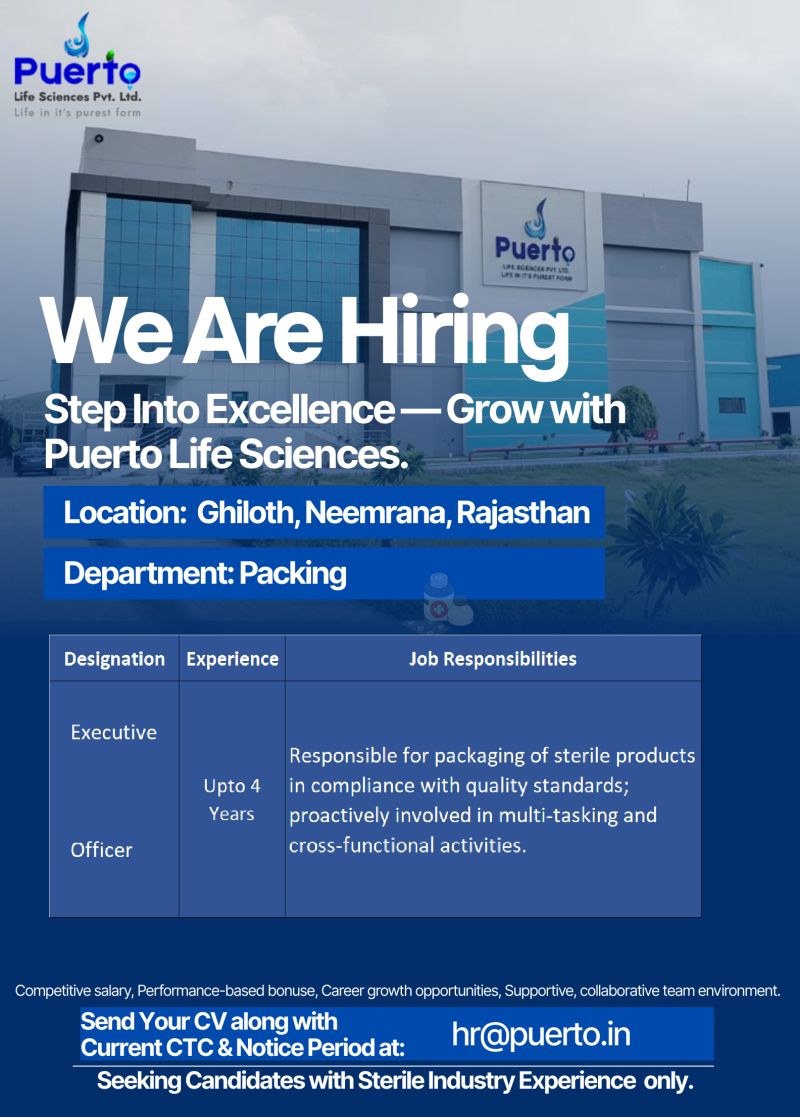 Puerto Life Sciences Pvt. Ltd – Hiring for Packing Department | Executive / Officer || Apply Now