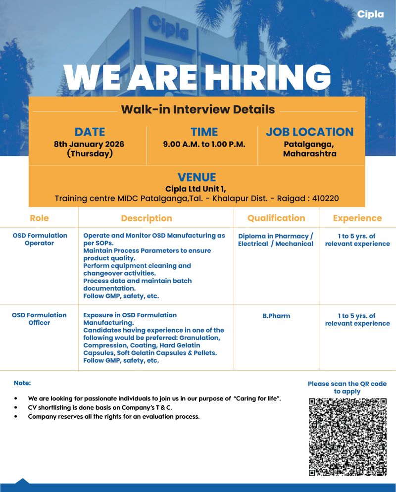 Cipla Ltd – Walk-In Interview for OSD Formulation Department | 8th January 2026
