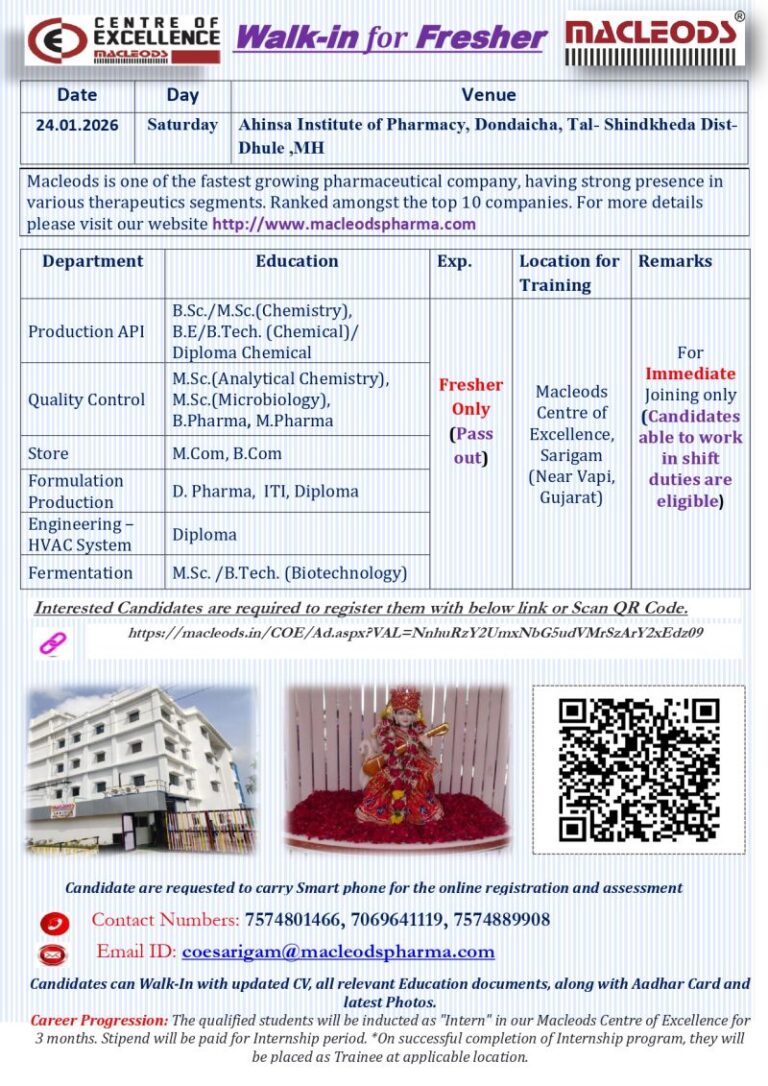 Macleods Pharmaceuticals Ltd – Walk-In Interview For Freshers on 24 January 2026