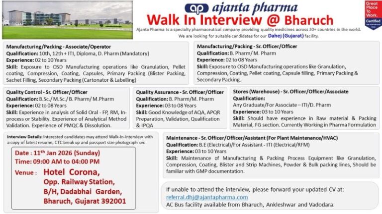 Ajanta Pharma Ltd – Walk-In Interview For Multiple Departments on 11 January 2026