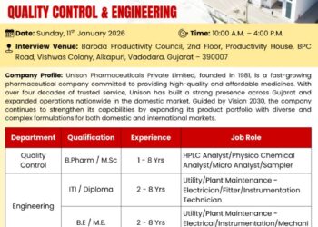 Unison Pharmaceuticals Pvt. Ltd – Walk-In Interview For Quality Control & Engineering on 11 January 2026