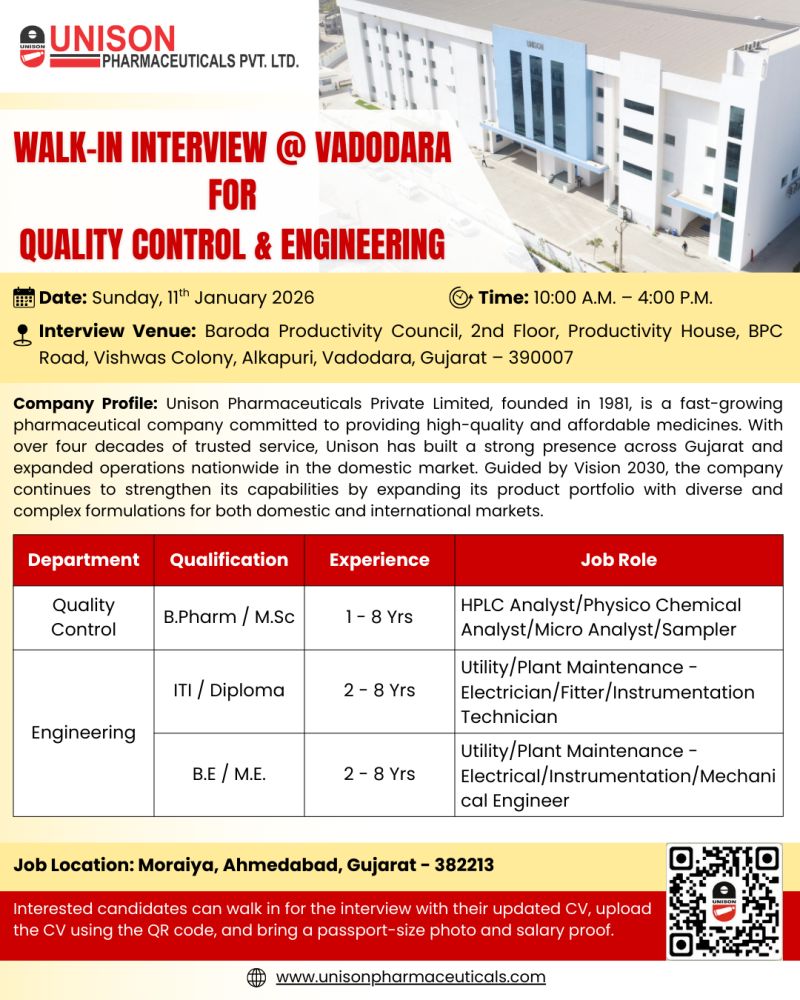 Unison Pharmaceuticals Pvt. Ltd – Walk-In Interview For Quality Control & Engineering on 11 January 2026