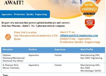 Sun Pharmaceutical Industries Ltd – Hiring Apprentice For Production, Quality & Engineering | Apply Now