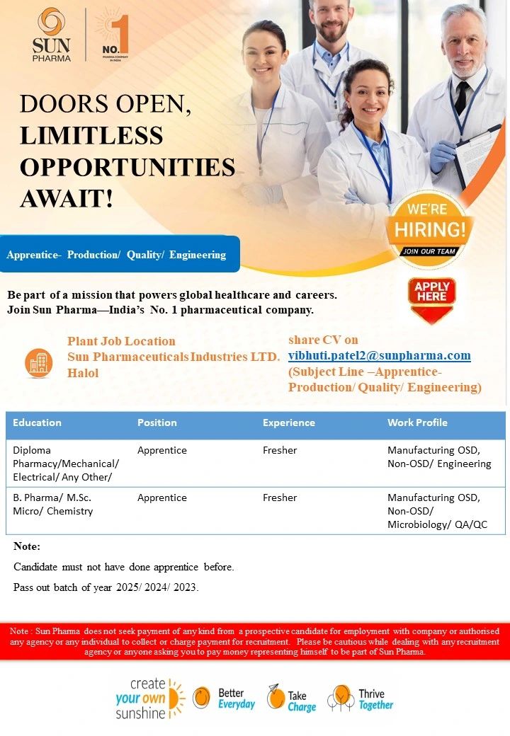Sun Pharmaceutical Industries Ltd – Hiring Apprentice For Production, Quality & Engineering | Apply Now