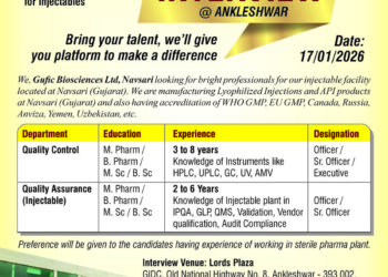 Gufic Biosciences Limited – Walk-In Interview For Quality Control & Quality Assurance (Injectable) on 17 January 2026