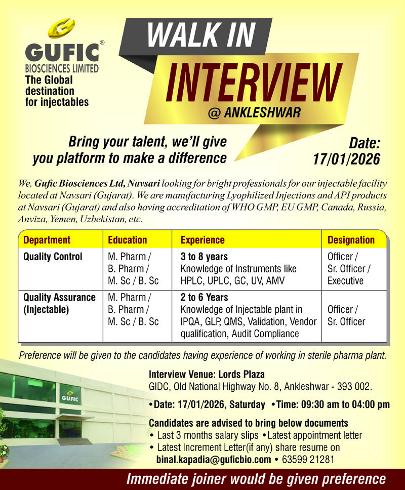 Gufic Biosciences Limited – Walk-In Interview For Quality Control & Quality Assurance (Injectable) on 17 January 2026