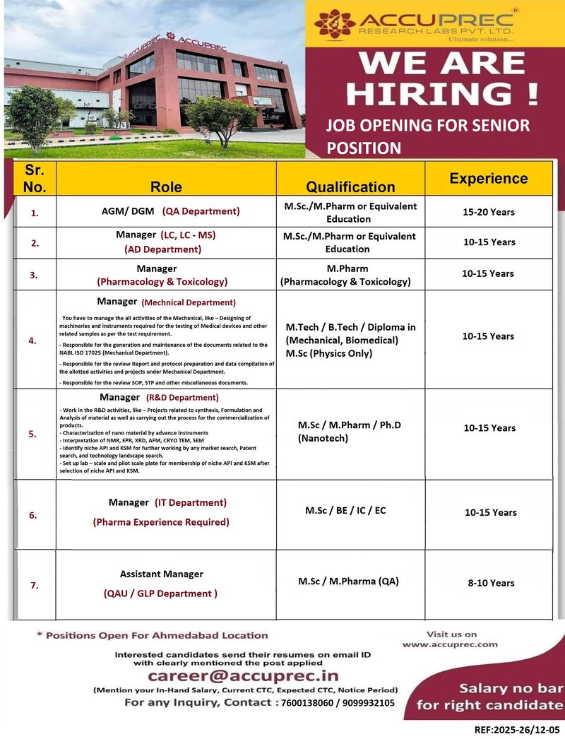 Accuprec Research Labs Pvt. Ltd – Job Openings for Senior Positions || Apply Now