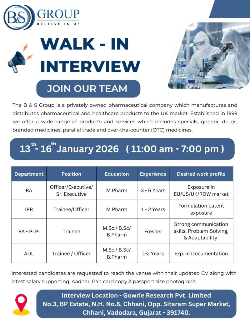 B & S Group – Walk-In Interview For Multiple Departments on 13–16 January 2026