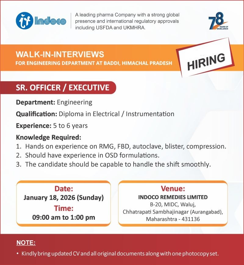 Indoco Remedies Limited – Walk-In Interview For Engineering Department on 18 January 2026