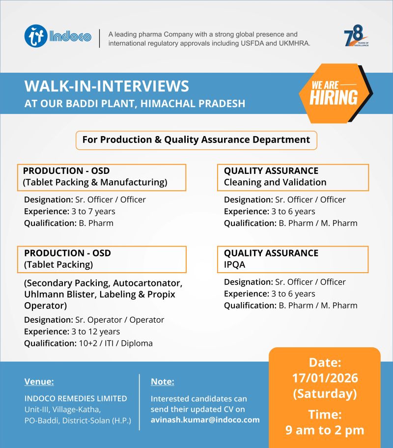 Indoco Remedies Limited – Walk-In Interview For Production & Quality Assurance Departments on 17 January 2026