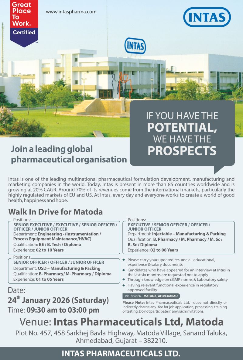 Intas Pharmaceuticals Ltd. – Walk-In Interview For Multiple Departments on 24 January 2026