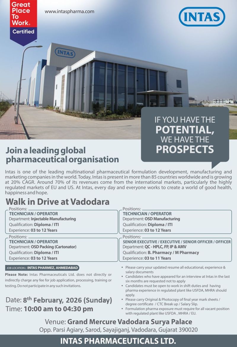 Intas Pharmaceuticals Ltd – Walk-In Interview For Multiple Departments on 08 February 2026