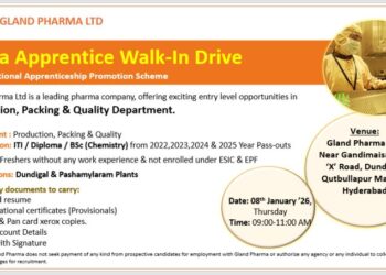 Gland Pharma Ltd – Mega Apprentice Walk-In Drive (Production / Packing / Quality) on 08 January 2026