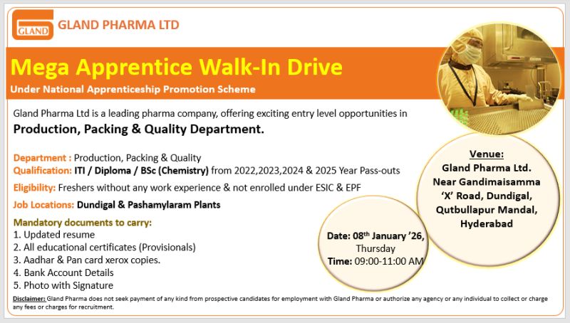 Gland Pharma Ltd – Mega Apprentice Walk-In Drive (Production / Packing / Quality) on 08 January 2026