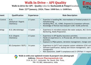 Emcure Pharmaceuticals Ltd – Walk-In Interview For API Quality Roles on 22 January 2026