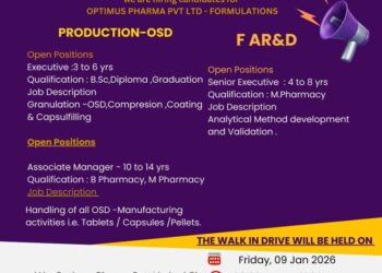 Optimus Pharma Pvt Ltd – Walk-In Interview For Multiple Departments on 09 January 2026