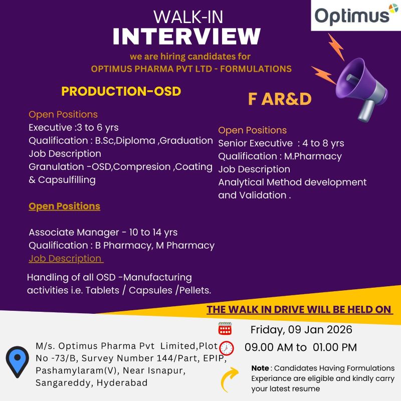 Optimus Pharma Pvt Ltd – Walk-In Interview For Multiple Departments on 09 January 2026