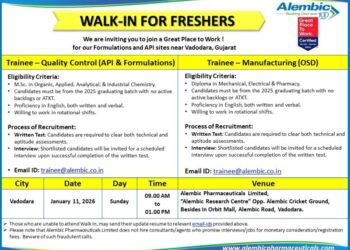 Alembic Pharmaceuticals Ltd – Walk-In Interview for Freshers (Trainee QC & Trainee Manufacturing) on 11 January 2026