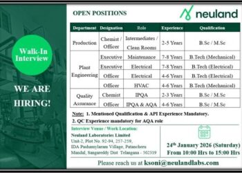 Neuland Laboratories Limited – Walk-In Interview For Multiple Departments on 24 January 2026